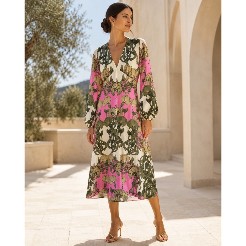Never Fully Dressed Ava Midi Dress Women's US 2 Pink Floral Balloon Sleeve